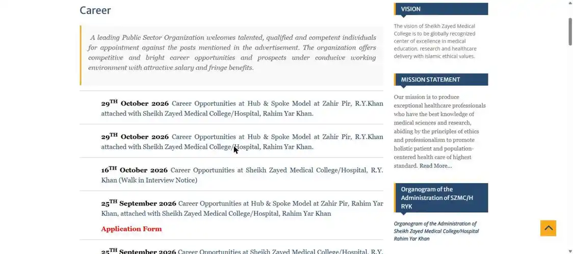 SZMC career page 29 October 2026 Career Opportunities at Hub and Spoke Model at Zahir Pir Rahim Yar Khan