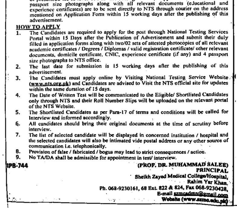 SZMC Zahir Pir Assistant job ad how to apply through NTS portal documents 15 working days contact Principal Sheikh Zayed Medical College