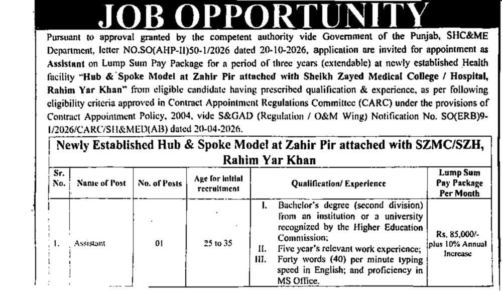 SZMC Zahir Pir Hub and Spoke Assistant job advertisement IPB-744 post table age qualification Rs 85000 lump sum October 2026