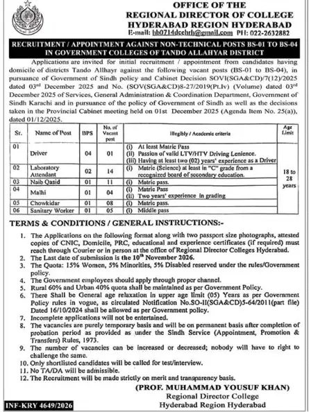 Regional Director of College Hyderabad Tando Allahyar colleges non technical jobs ad Nawa-i-Waqt 27 October 2026