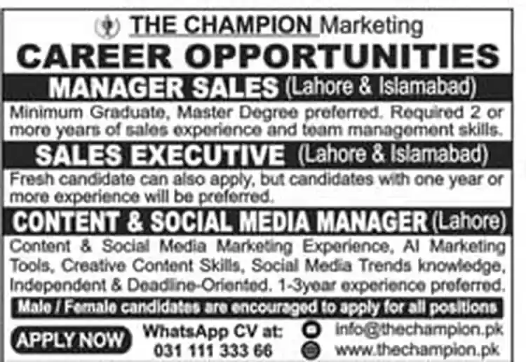 The Champion Marketing jobs October 2026 Manager Sales Sales Executive Content and Social Media Manager advertisement Jang Lahore 25 October 2026