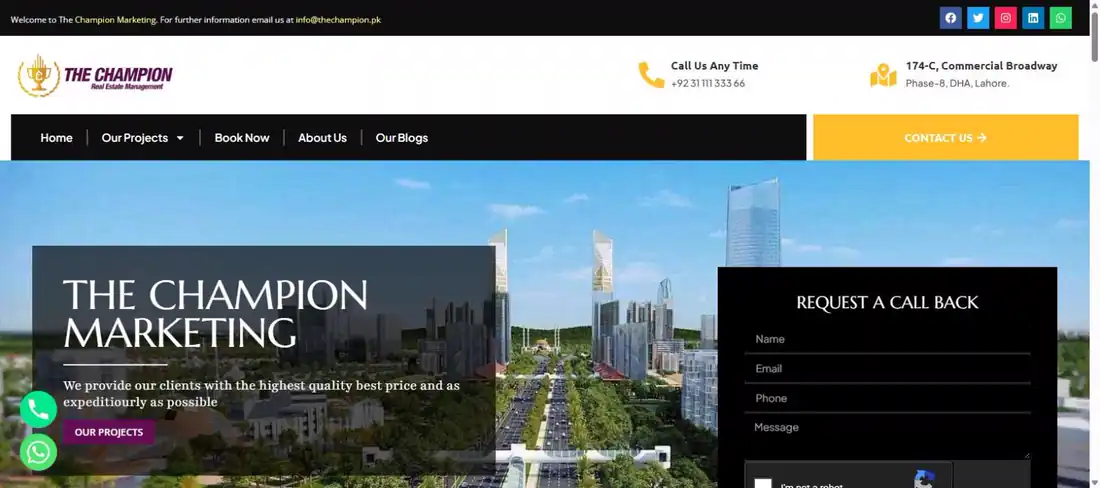 The Champion Marketing official website thechampion.pk home page showing phone number and DHA Lahore address 25 October 2026