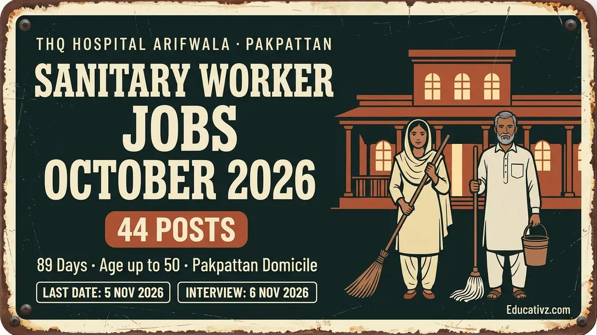 THQ Hospital Arifwala sanitary worker jobs October 2026: 44 posts, last date 5 November, interview 6 November | Educativz