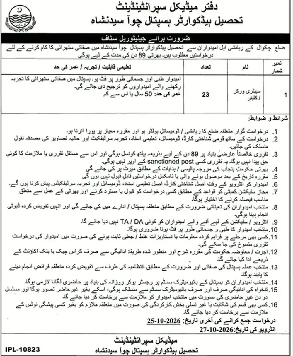 Official job advertisement: THQ Hospital Choa Saidan Shah Jobs 2026 (Chakwal), Daily Jang Rawalpindi 18 October 2026