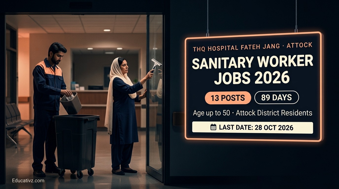 THQ Hospital Fateh Jang District Attock Sanitary Worker Jobs 2026: 13 posts, 89 days, age up to 50, last date 28 Oct 2026 | Educativz
