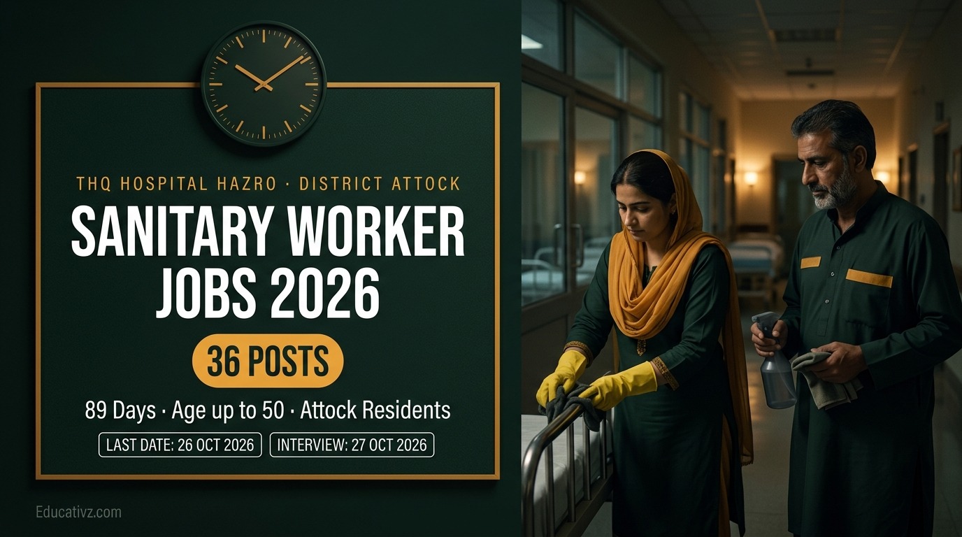 THQ Hospital Hazro District Attock Sanitary Worker Jobs 2026: 36 posts, 89 days, age up to 50, last date 26 Oct 2026 | Educativz