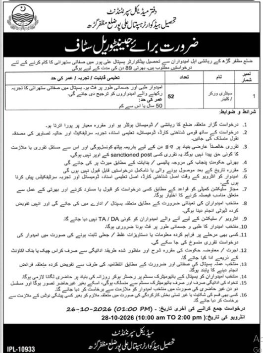 THQ Hospital Alipur Alipur Sanitary Worker Jobs October 2026 – 52 posts