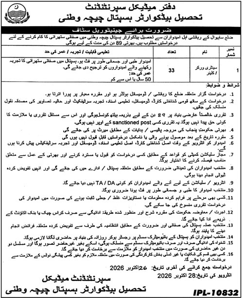 THQ Hospital Chichawatni Chichawatni Sanitary Worker Jobs October 2026 – 33 posts