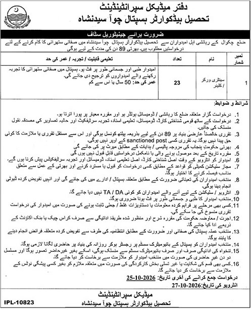 THQ Hospital Choa Saidan Shah Choa Saidan Shah Sanitary Worker Jobs October 2026 – 23 posts