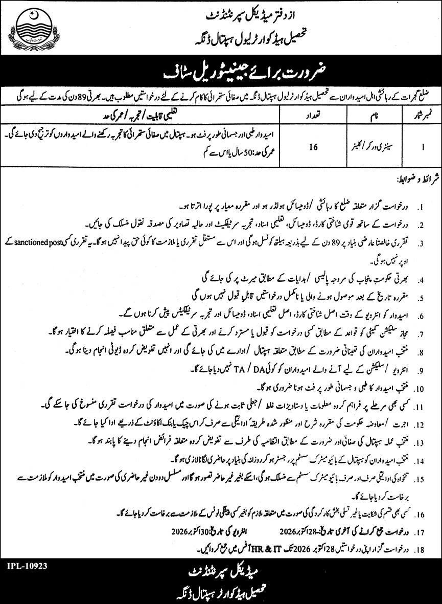THQ Hospital Dinga Dinga Sanitary Worker Jobs October 2026 – 16 posts