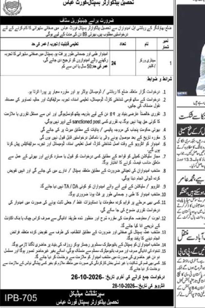 THQ Hospital Fort Abbas Sanitary Worker Jobs 2026 – 24 posts