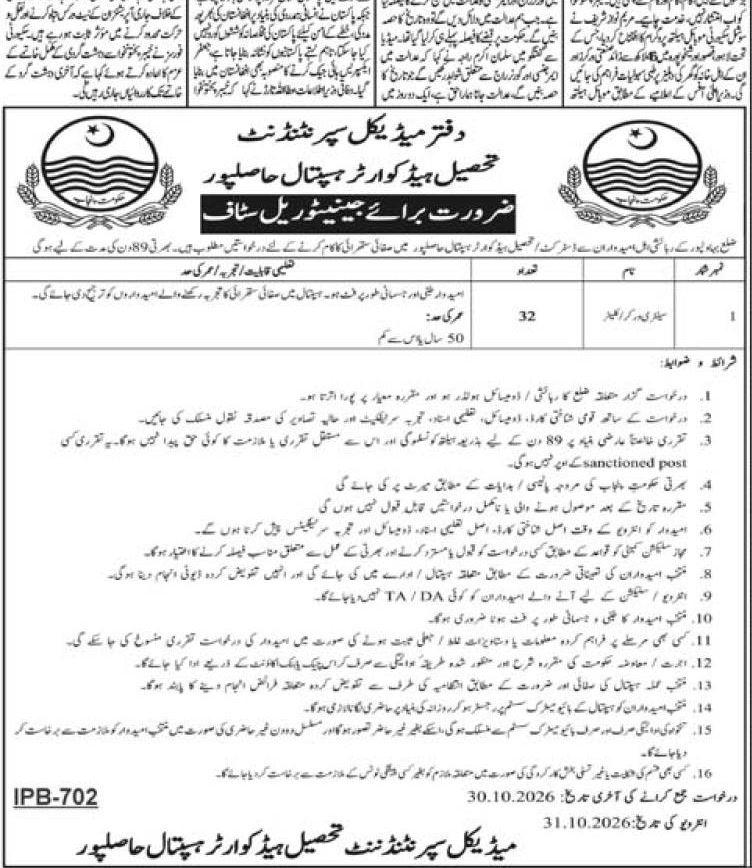 THQ Hospital Hasilpur Sanitary Worker Jobs 2026 – 32 posts
