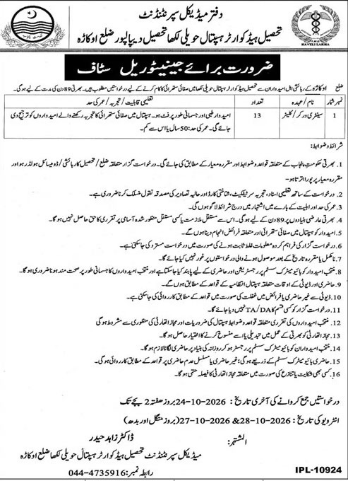 THQ Hospital Haveli Lakha Haveli Lakha Sanitary Worker Jobs October 2026 – 13 posts