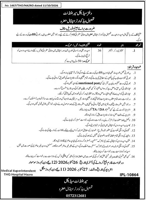 THQ Hospital Hazro Hazro Sanitary Worker Jobs October 2026 – 36 posts
