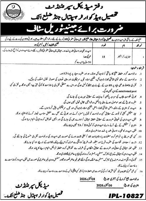 THQ Hospital Jand Jand Sanitary Worker Jobs October 2026 – 15 posts
