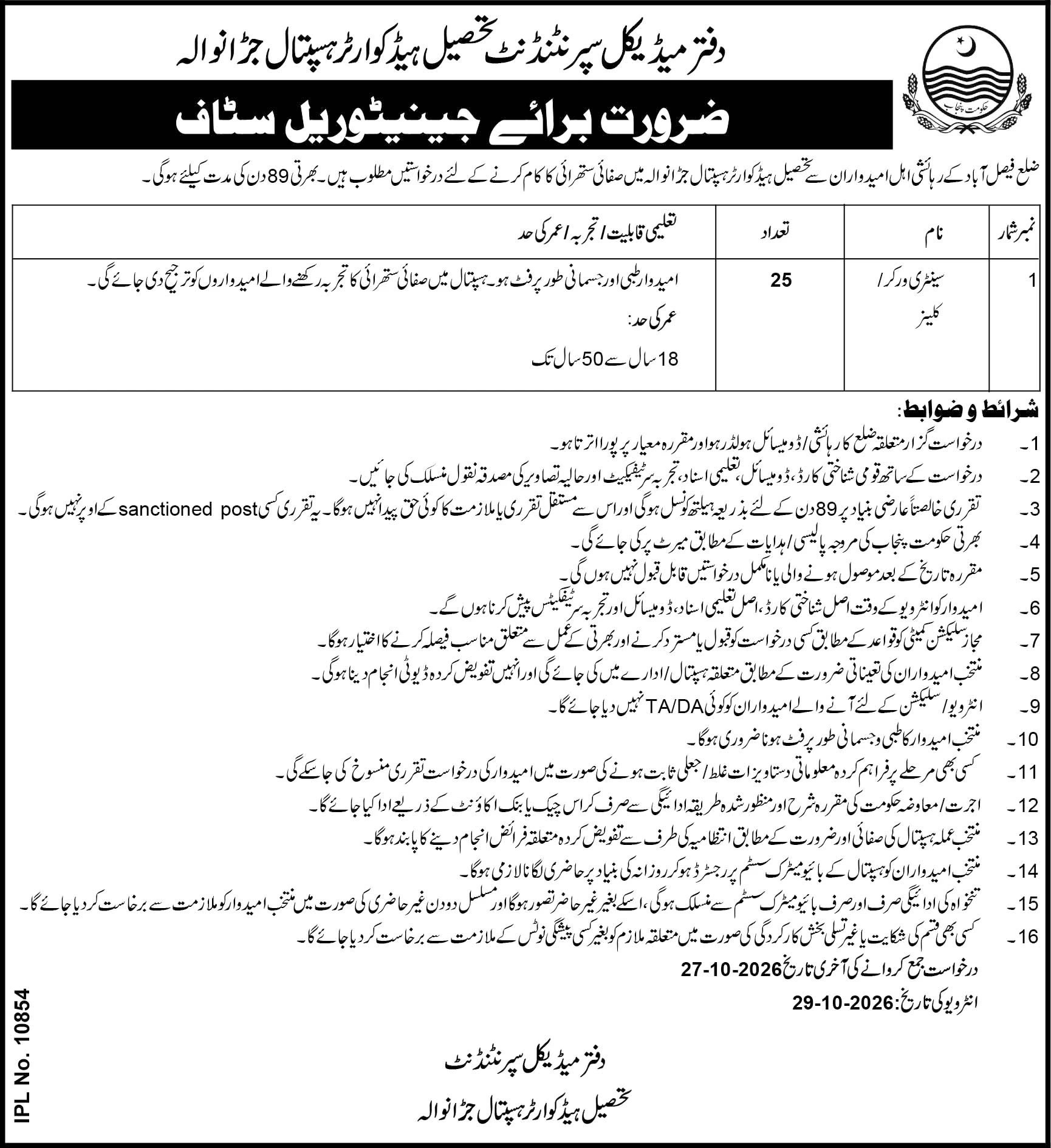 THQ Hospital Jaranwala Jaranwala Sanitary Worker Jobs October 2026 – 25 posts