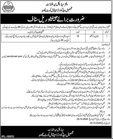 THQ Hospital Kot Chutta Kot Chutta Sanitary Worker Jobs October 2026 – 18 posts