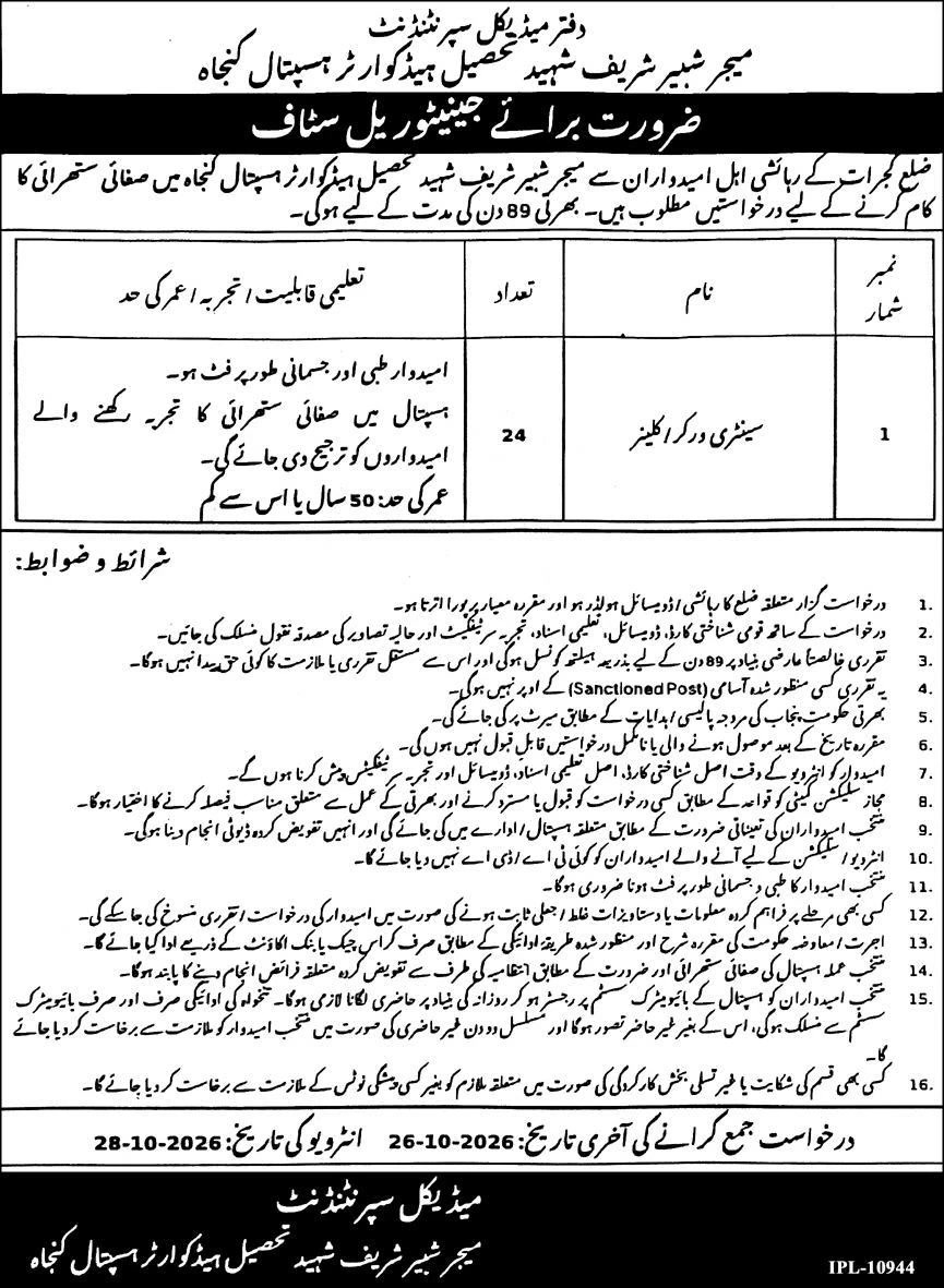 Major Shabbir Sharif Shaheed THQ Hospital Kunjah Kunjah Sanitary Worker Jobs October 2026 – 24 posts