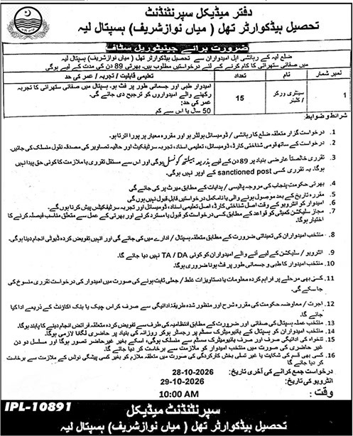 THQ (Mian Nawaz Sharif) Hospital Layyah Layyah Sanitary Worker Jobs October 2026 – 15 posts