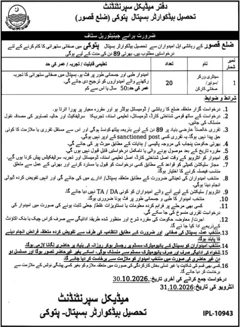 THQ Hospital Pattoki Pattoki Sanitary Worker Jobs October 2026 – 20 posts