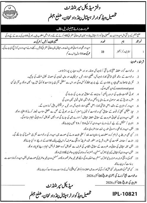 THQ Hospital Pind Dadan Khan Pind Dadan Khan Sanitary Worker Jobs October 2026 – 23 posts