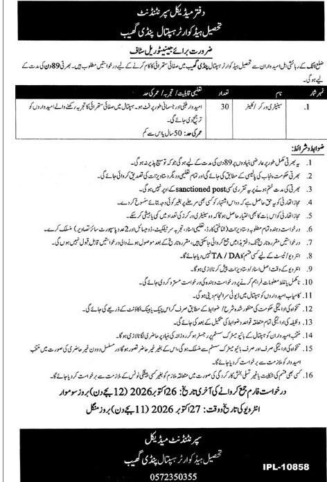 THQ Hospital Pindi Gheb Pindi Gheb Sanitary Worker Jobs October 2026 – 30 posts