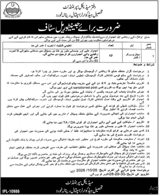 THQ Hospital Renala Khurd Renala Khurd Sanitary Worker Jobs October 2026 – 17 posts