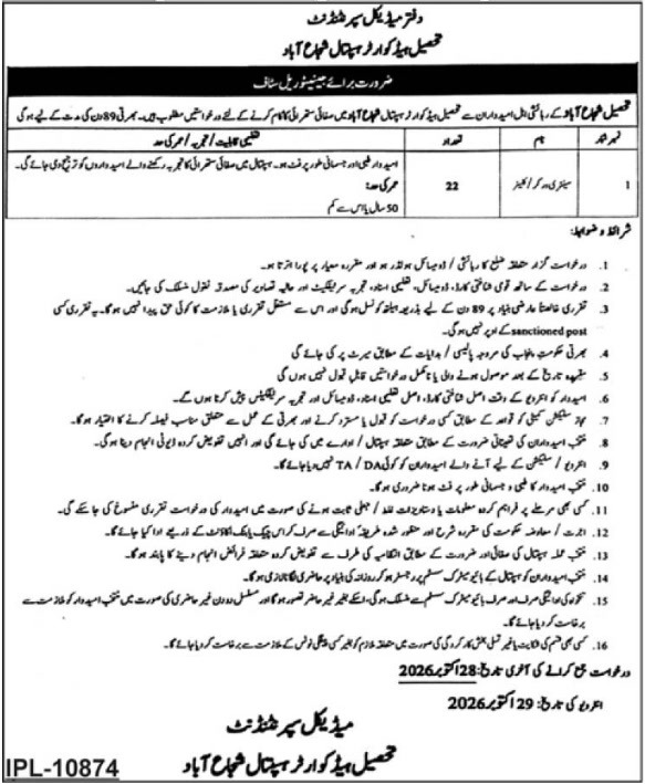 THQ Hospital Shujabad Shujabad Sanitary Worker Jobs October 2026 – 22 posts