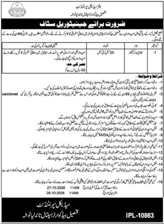 THQ Hospital Tandlianwala Tandlianwala Sanitary Worker Jobs October 2026 – 20 posts