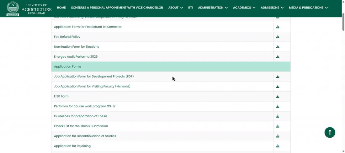 UAF Downloads page Job Application Form for Development Projects PDF 25 October 2026