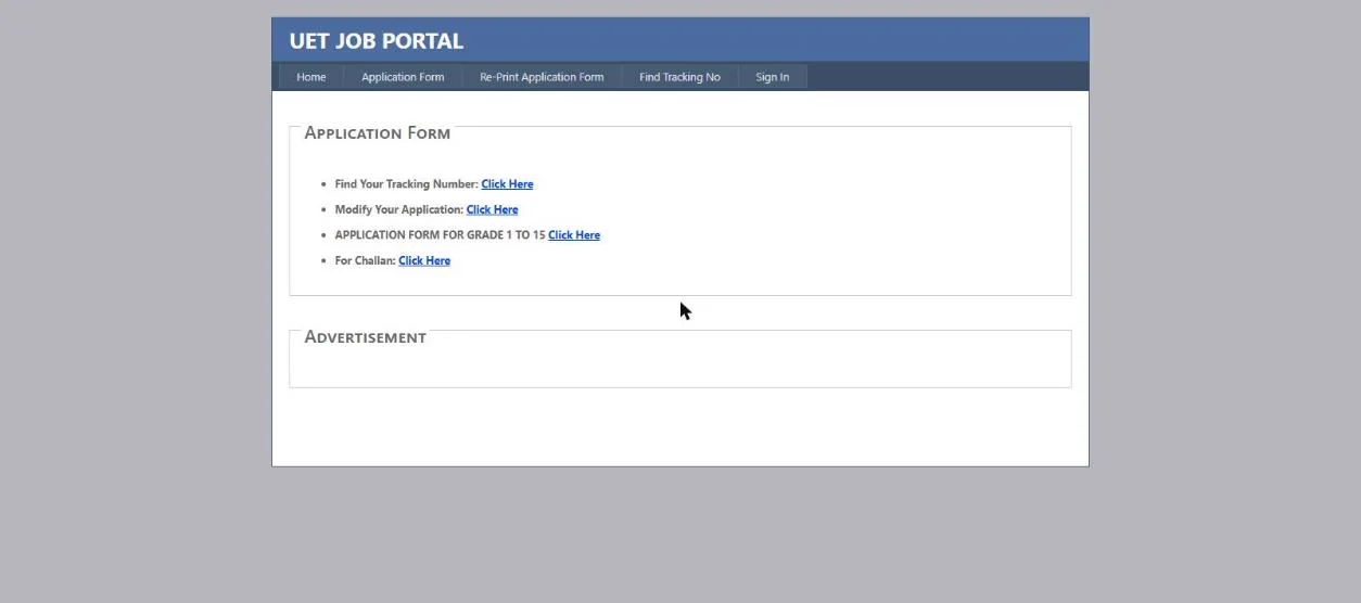 UET job portal jobs.uet.edu.pk home page with empty advertisement section 24 October 2026