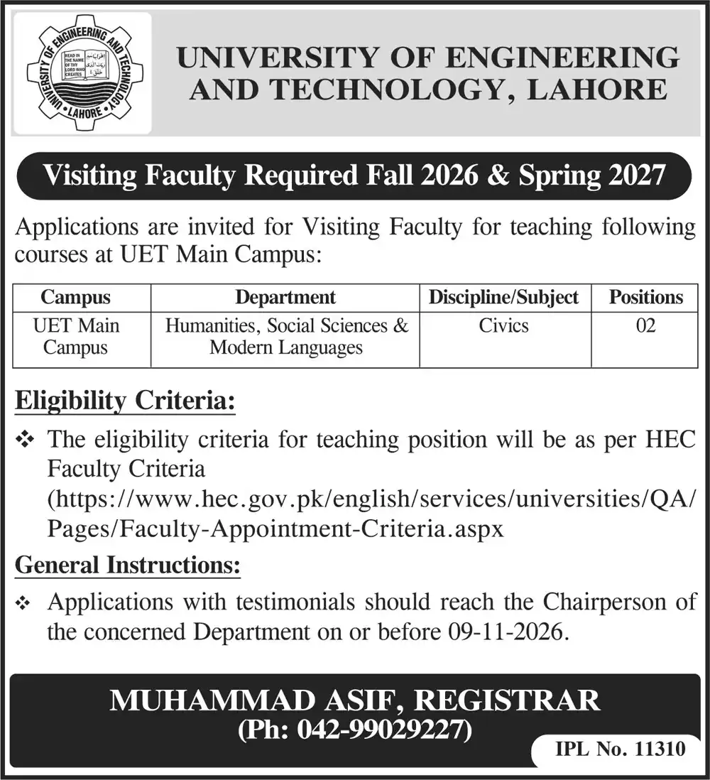 UET Lahore visiting faculty required Fall 2026 and Spring 2027 Civics advertisement Business Recorder 24 October 2026
