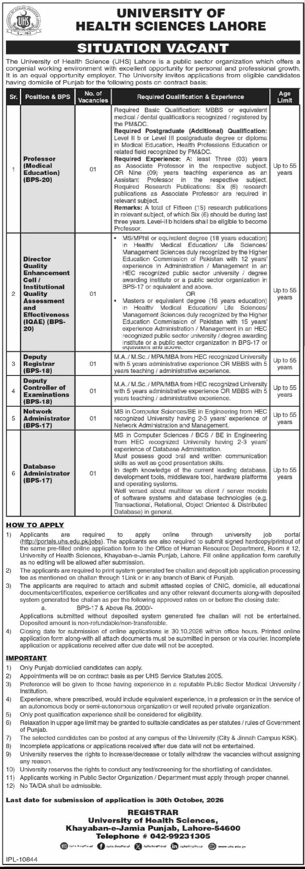 University of Health Sciences Lahore jobs October 2026 advertisement