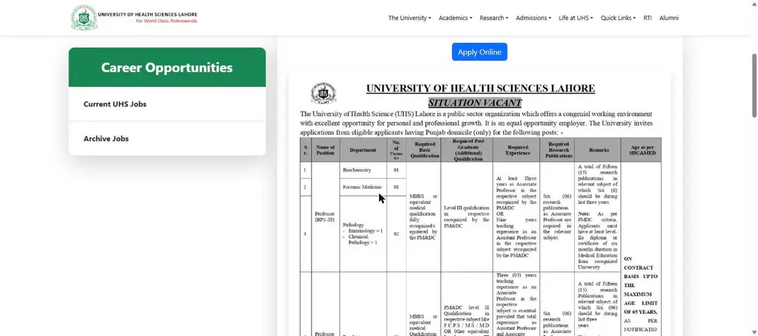 UHS official website Current Job Openings page Situation Vacant 29 October 2026