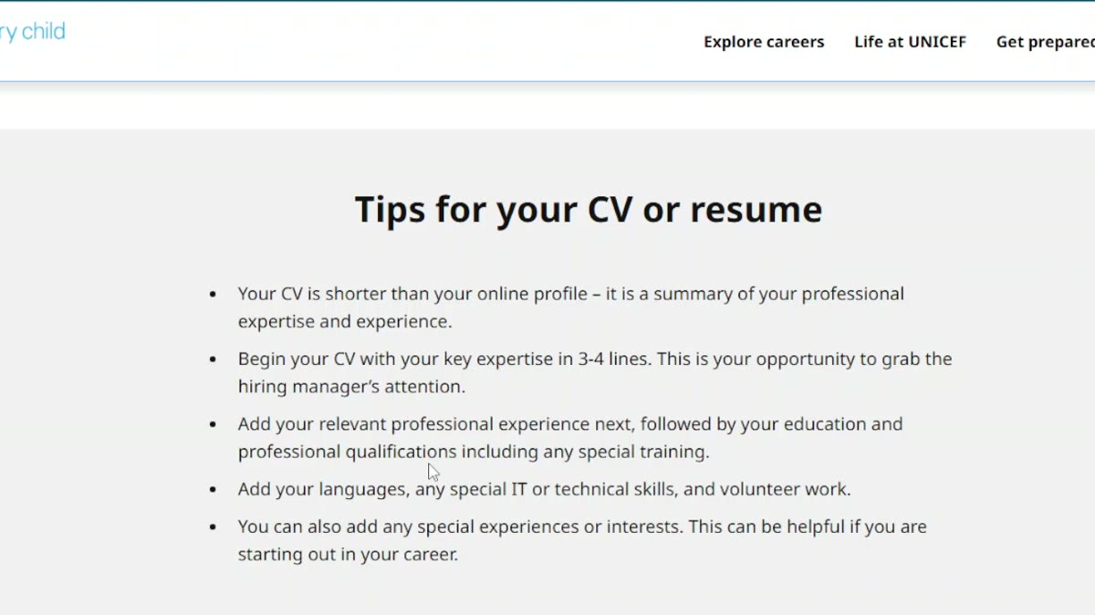 UNICEF CV and cover letter tips for internship applications