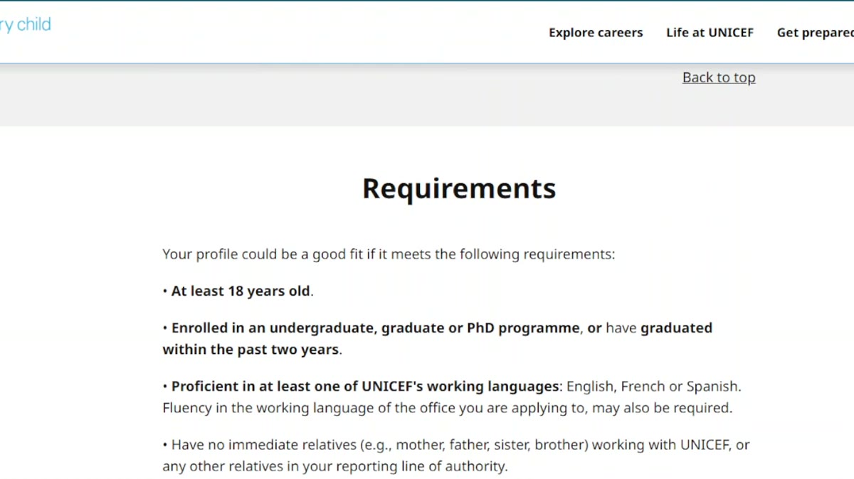 UNICEF internship eligibility requirements – age 18, students and recent graduates