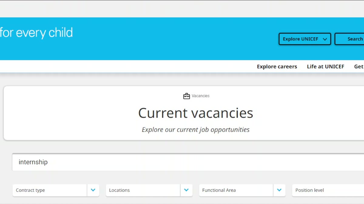 Searching internships on jobs.unicef.org vacancies portal