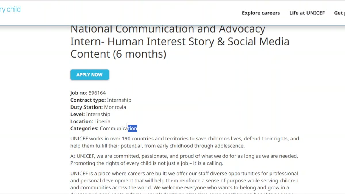 UNICEF National Communication and Advocacy Intern Liberia job 596164