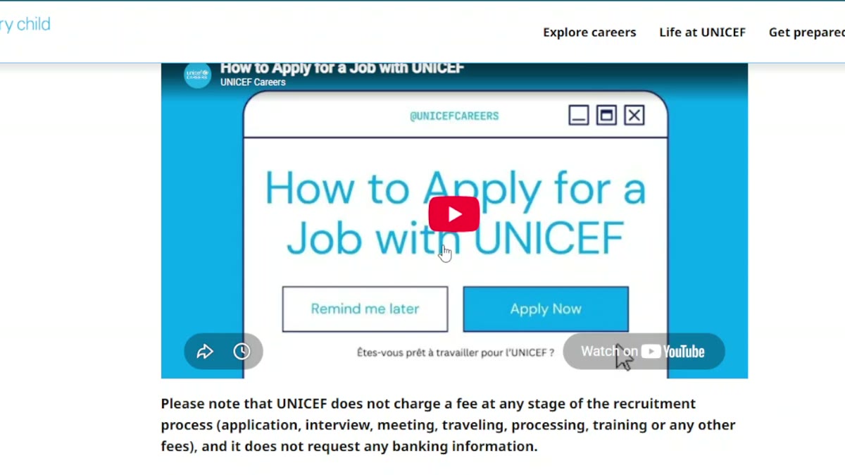 UNICEF does not charge any recruitment fee notice