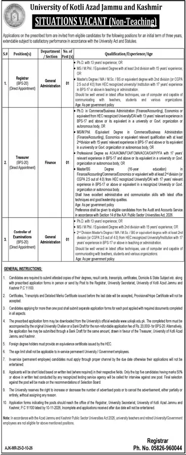 University of Kotli AJK situations vacant Registrar Treasurer Controller of Examinations advertisement, Jang Rawalpindi 20 October 2026