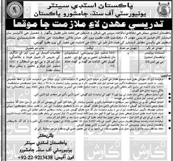University of Sindh Jamshoro Pakistan Study Centre Assistant Professor job 2026