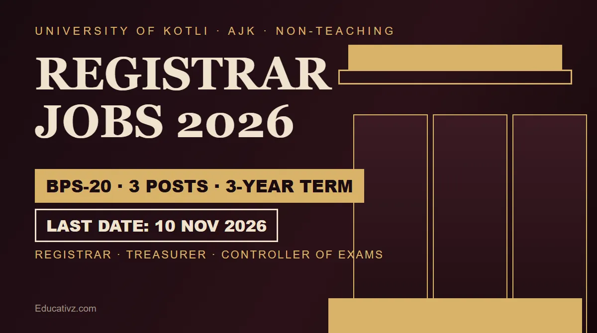 University of Kotli AJK jobs 2026 Registrar Treasurer Controller of Examinations BPS-20, last date 10 November | Educativz