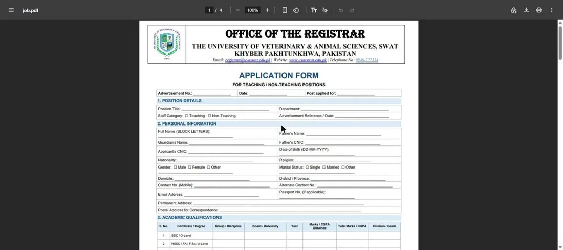 UVAS Swat official application form for teaching and non-teaching positions