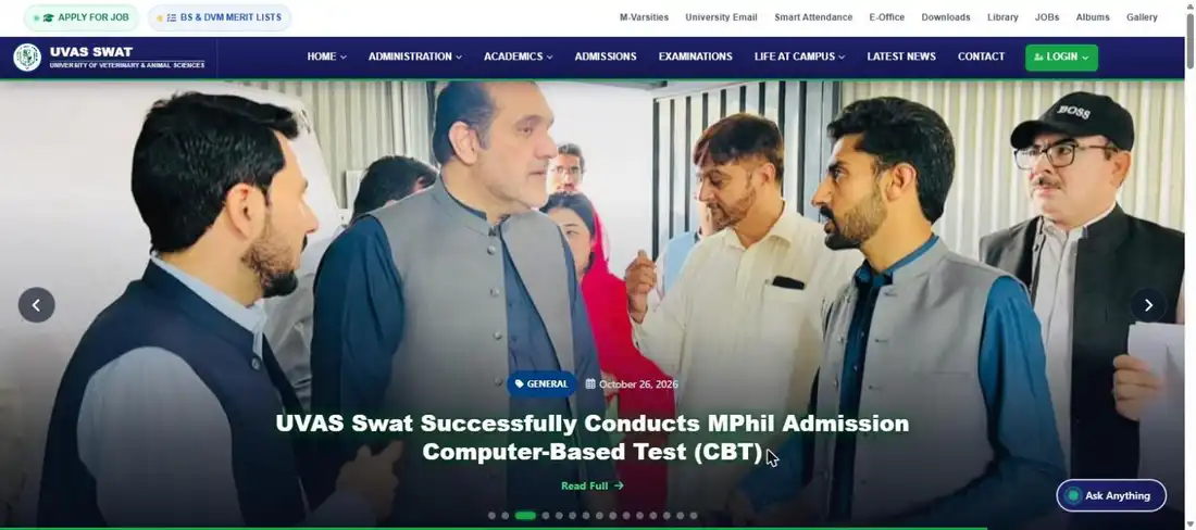University of Veterinary and Animal Sciences Swat official website uvasswat.edu.pk with the Apply for Job button