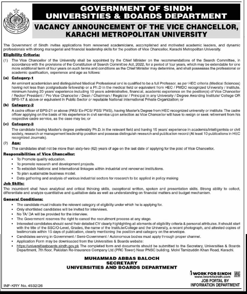 Vice Chancellor Karachi Metropolitan University job advertisement October 2026