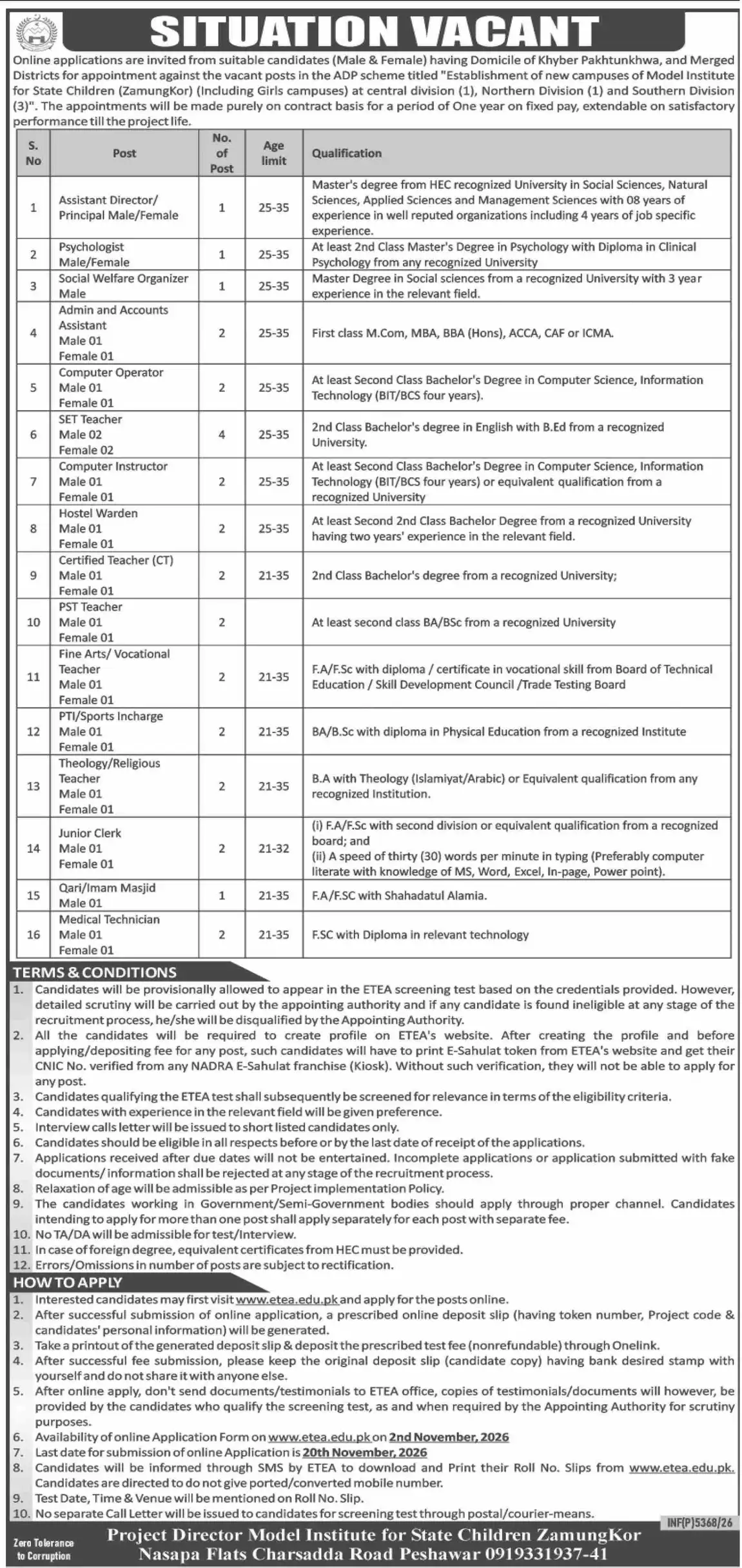 Model Institute for State Children ZamungKor Peshawar jobs advertisement 30 October 2026